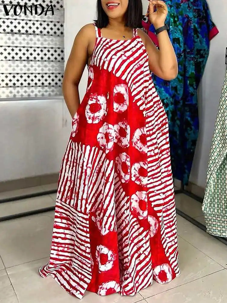VONDA-Vestido Maxi Estampado Boêmio, Vestido de Festa Sem Mangas, Vestido Longo de Praia, Robe Solto Casual, Plus Size 5XL, Verão, 2024