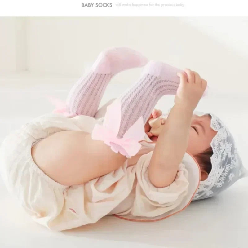 Summer Ultra-thin Mesh Socks Baby Girl Mosquito-resistant Knee Sock Cute Newborn Pink Bow Hollow Cotton Newborn Baby Clothes 