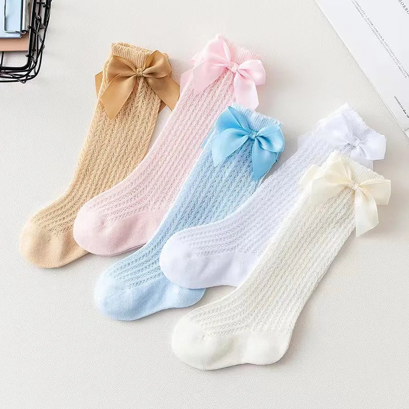 Summer Ultra-thin Mesh Socks Baby Girl Mosquito-resistant Knee Sock Cute Newborn Pink Bow Hollow Cotton Newborn Baby Clothes 
