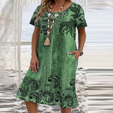 Vestido Midi de Bolso Vintage Estampado Feminino, Vestidos Soltos com Gola O, Casual Vestido de Festa, Plus Size XL-6XL, Verão, 2022