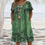 Vestido Midi de Bolso Vintage Estampado Feminino, Vestidos Soltos com Gola O, Casual Vestido de Festa, Plus Size XL-6XL, Verão, 2022
