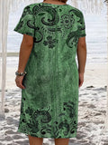 Vestido Midi de Bolso Vintage Estampado Feminino, Vestidos Soltos com Gola O, Casual Vestido de Festa, Plus Size XL-6XL, Verão, 2022