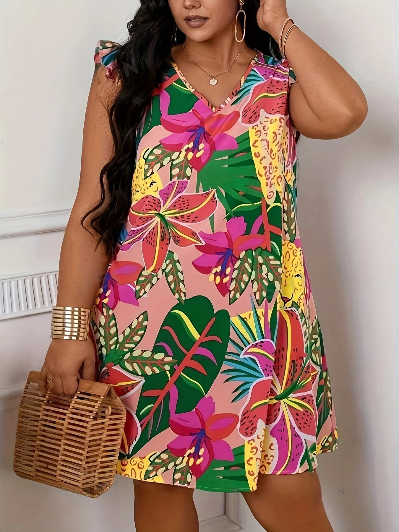 Vestido informal con cuello en V y estampado floral para mujer, ropa de verano para vacaciones, vestidos con mangas de mariposa, tallas grandes, curvas 