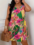 Vestido informal con cuello en V y estampado floral para mujer, ropa de verano para vacaciones, vestidos con mangas de mariposa, tallas grandes, curvas 
