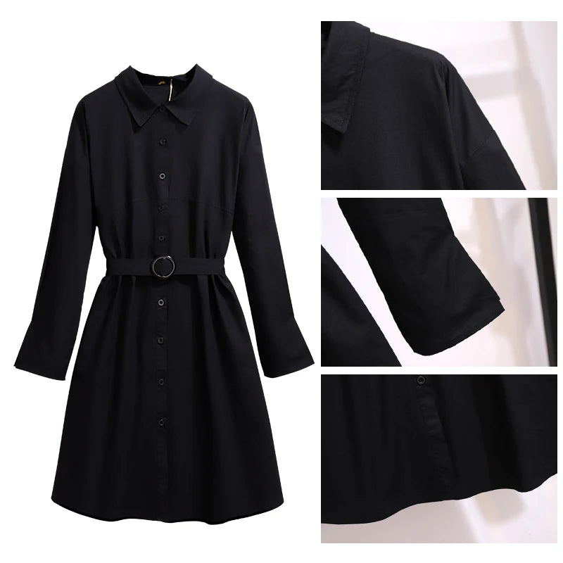 Vestido informal tipo cárdigan negro para mujer, talla grande, tejido de algodón, con cinturón y solapa, especial para primavera y otoño. 