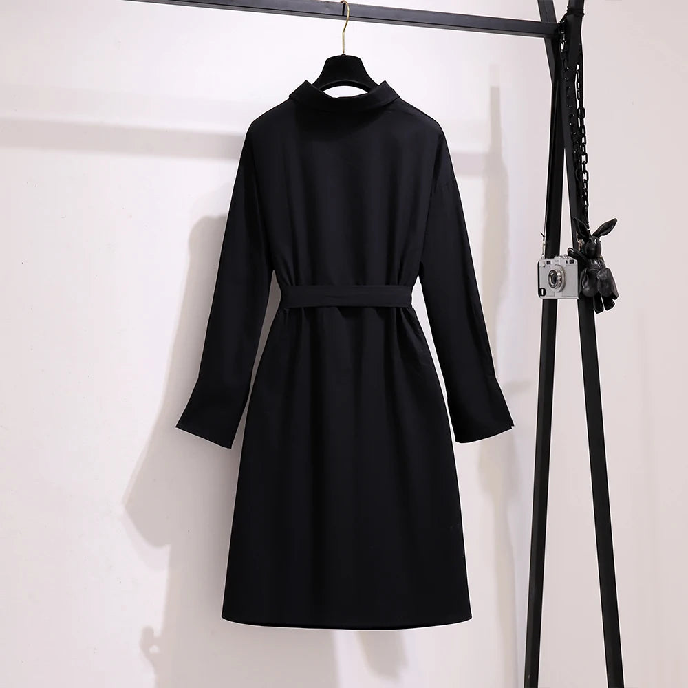 Vestido informal tipo cárdigan negro para mujer, talla grande, tejido de algodón, con cinturón y solapa, especial para primavera y otoño. 