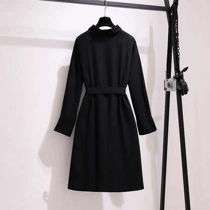 Vestido informal tipo cárdigan negro para mujer, talla grande, tejido de algodón, con cinturón y solapa, especial para primavera y otoño. 