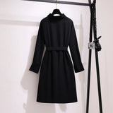 Vestido informal tipo cárdigan negro para mujer, talla grande, tejido de algodón, con cinturón y solapa, especial para primavera y otoño. 