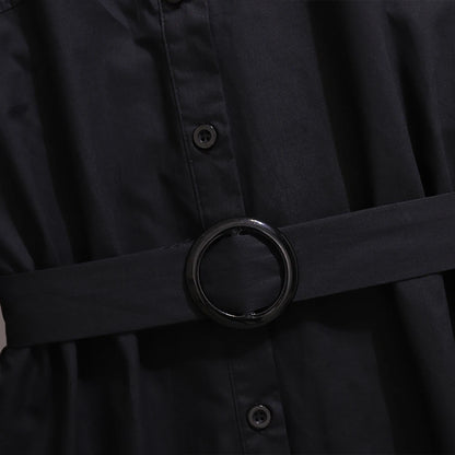 Vestido informal tipo cárdigan negro para mujer, talla grande, tejido de algodón, con cinturón y solapa, especial para primavera y otoño. 