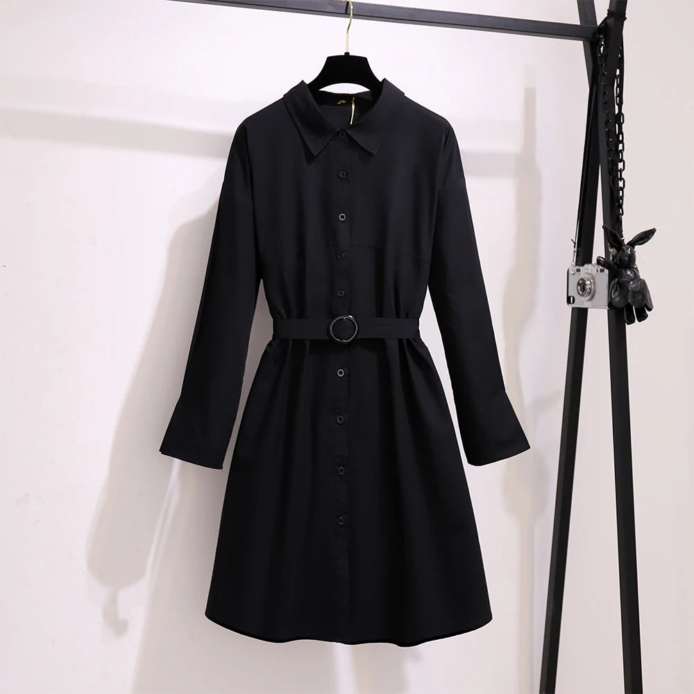 Vestido informal tipo cárdigan negro para mujer, talla grande, tejido de algodón, con cinturón y solapa, especial para primavera y otoño. 