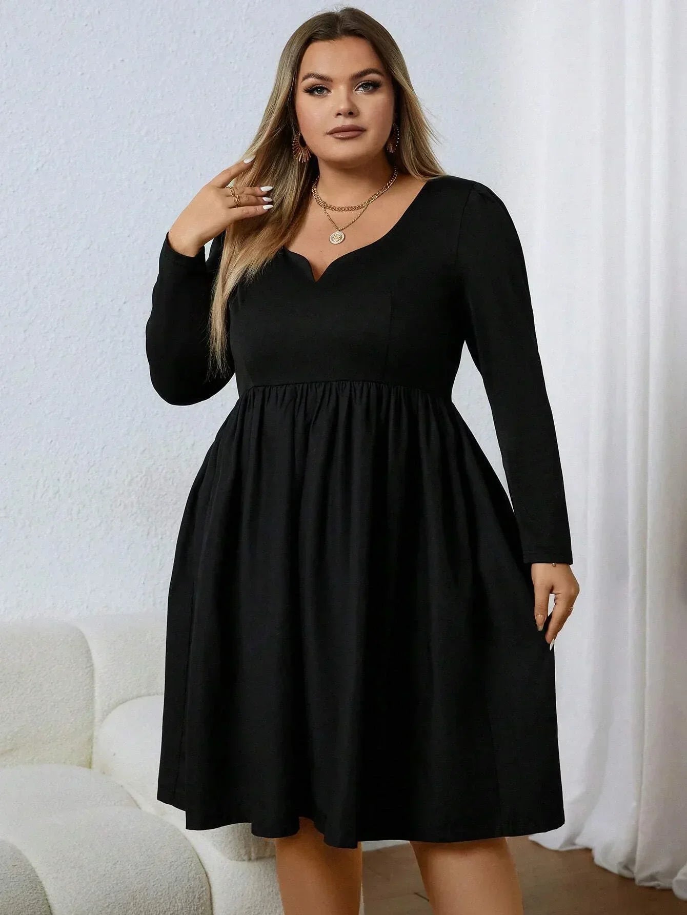 Women Casual Dress V Neck Long Sleeve Notched Neckline Fashion No Printing Solid Color Plus Size 1XL 5XL 