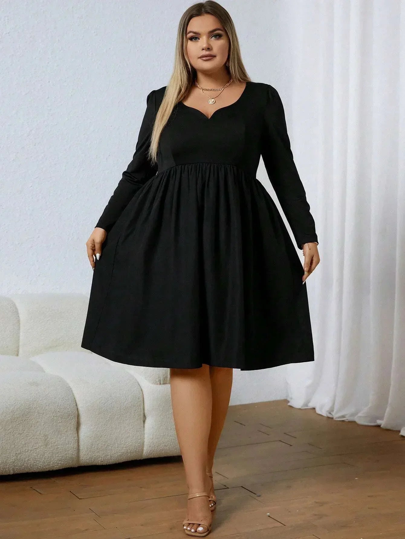 Women Casual Dress V Neck Long Sleeve Notched Neckline Fashion No Printing Solid Color Plus Size 1XL 5XL 