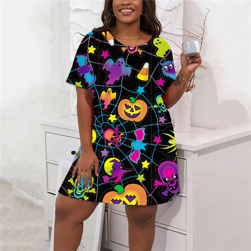 Vestido casual feminino de manga curta solto em linha A, mini vestidos para festa de Halloween, roupas plus size, moda verão e outono, 8XL, 9XL