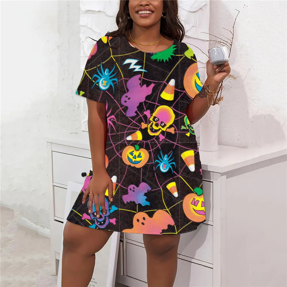 Vestido casual feminino de manga curta solto em linha A, mini vestidos para festa de Halloween, roupas plus size, moda verão e outono, 8XL, 9XL