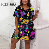 Vestido casual feminino de manga curta solto em linha A, mini vestidos para festa de Halloween, roupas plus size, moda verão e outono, 8XL, 9XL