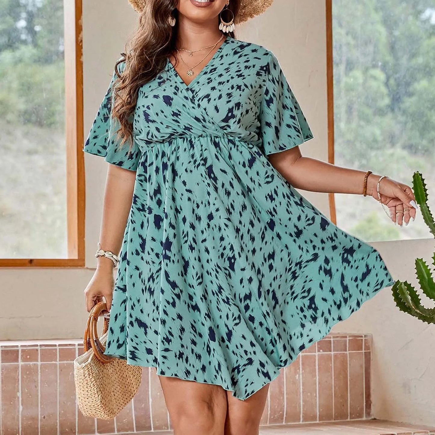 Vestido com decote em v grande feminino, vestido solto estampado, estampa floral, manga curta, moda elegante, tamanho grande, primavera, verão