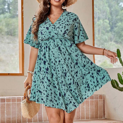 Vestido com decote em v grande feminino, vestido solto estampado, estampa floral, manga curta, moda elegante, tamanho grande, primavera, verão