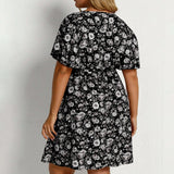 Vestido com decote em v grande feminino, vestido solto estampado, estampa floral, manga curta, moda elegante, tamanho grande, primavera, verão