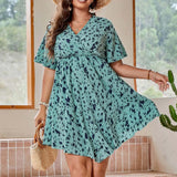 Vestido com decote em v grande feminino, vestido solto estampado, estampa floral, manga curta, moda elegante, tamanho grande, primavera, verão