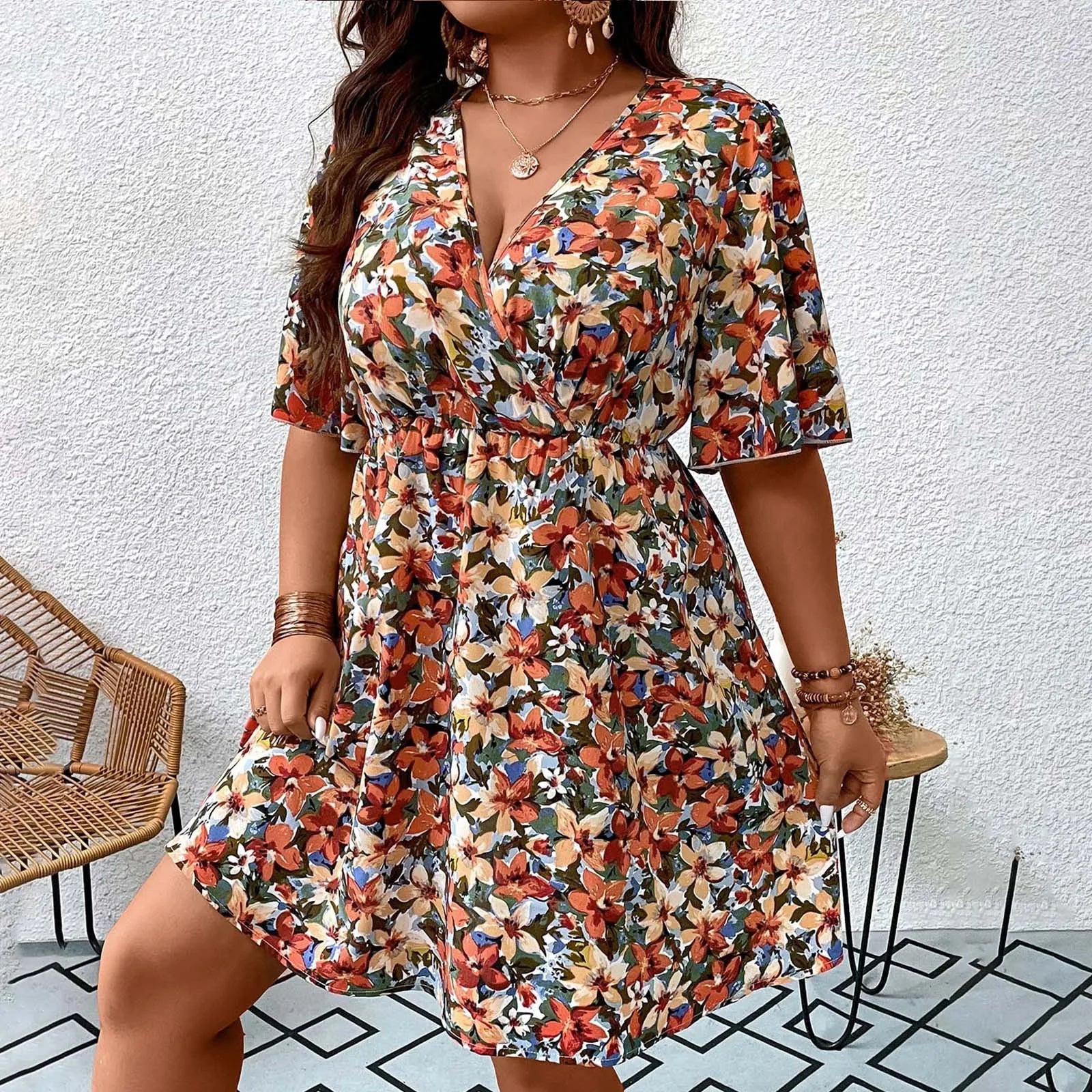 Vestido com decote em v grande feminino, vestido solto estampado, estampa floral, manga curta, moda elegante, tamanho grande, primavera, verão