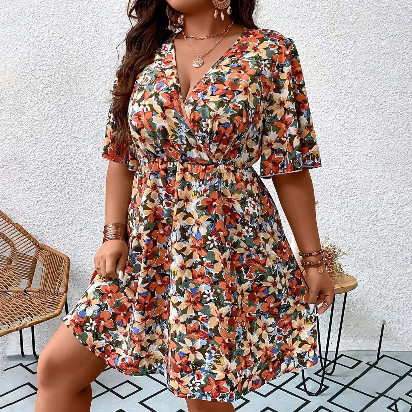 Vestido com decote em v grande feminino, vestido solto estampado, estampa floral, manga curta, moda elegante, tamanho grande, primavera, verão