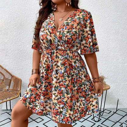 Vestido com decote em v grande feminino, vestido solto estampado, estampa floral, manga curta, moda elegante, tamanho grande, primavera, verão