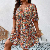 Vestido com decote em v grande feminino, vestido solto estampado, estampa floral, manga curta, moda elegante, tamanho grande, primavera, verão