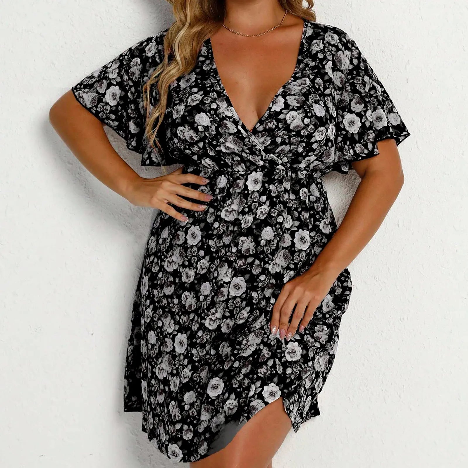 Vestido com decote em v grande feminino, vestido solto estampado, estampa floral, manga curta, moda elegante, tamanho grande, primavera, verão