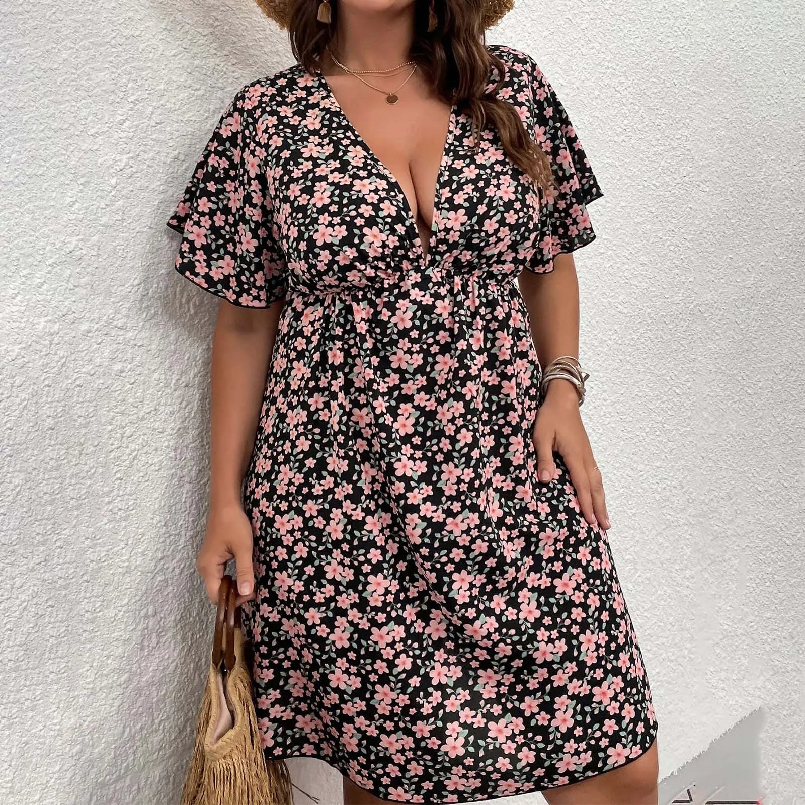 Vestido com decote em v grande feminino, vestido solto estampado, estampa floral, manga curta, moda elegante, tamanho grande, primavera, verão