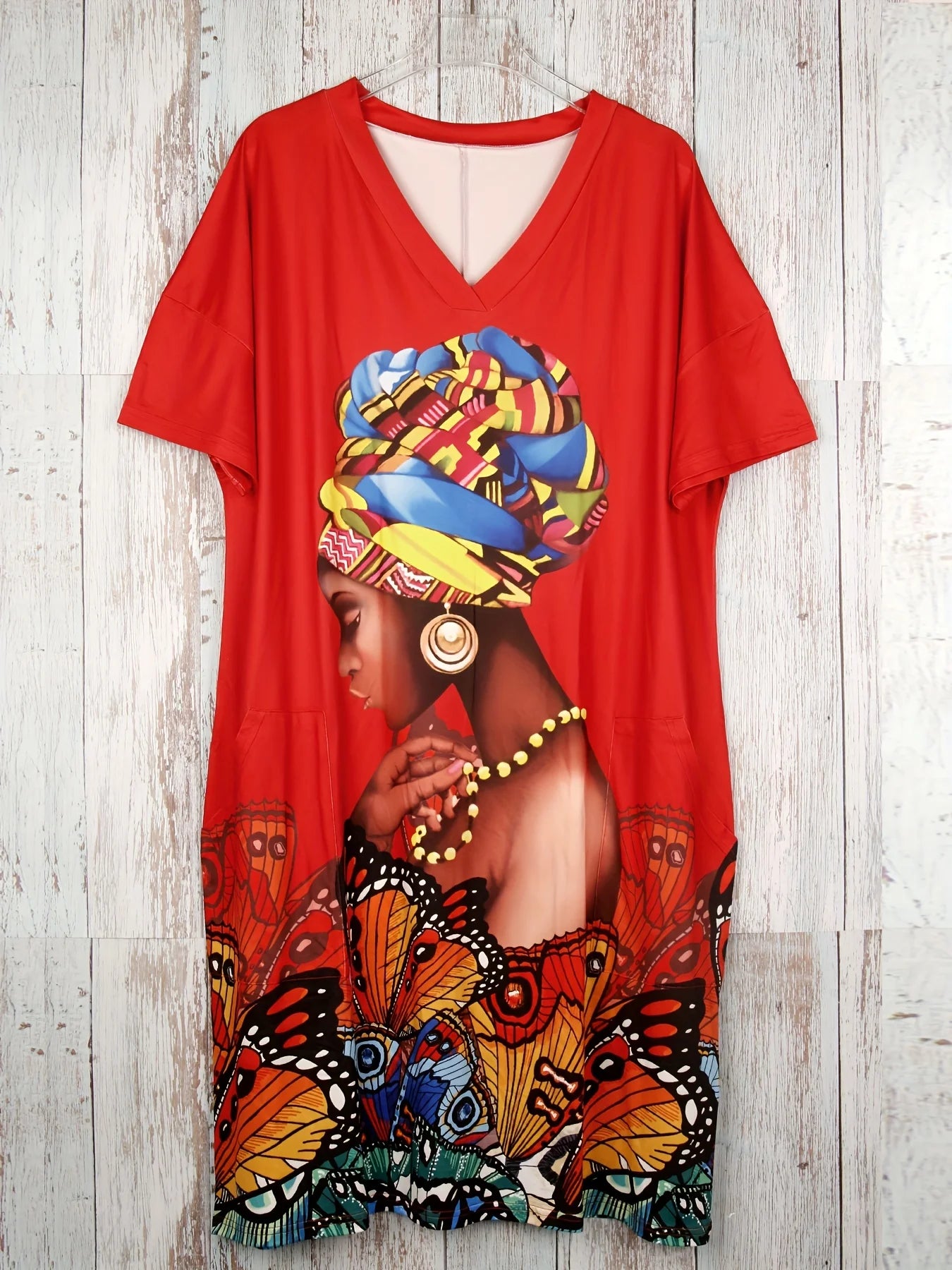 Women's Butterfly Print Dress Plus Size Short Sleeve V Neck Pockets Casual Clothes 