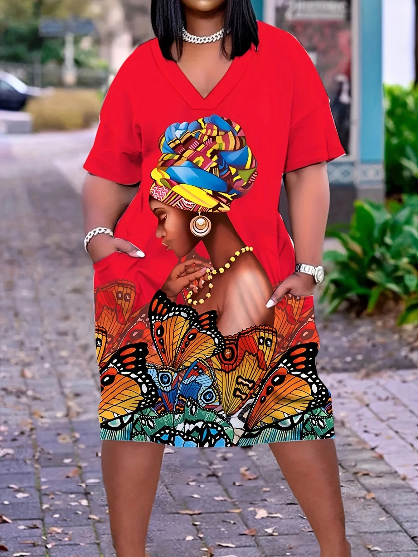 Women's Butterfly Print Dress Plus Size Short Sleeve V Neck Pockets Casual Clothes 
