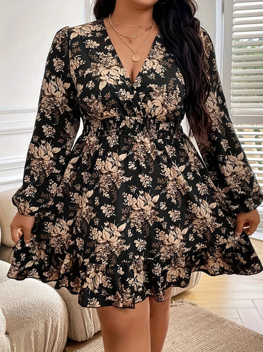 Vestido com estampa floral elegante feminino, tamanho grande, vintage, férias, festa, decote V, manga longa, primavera, outono