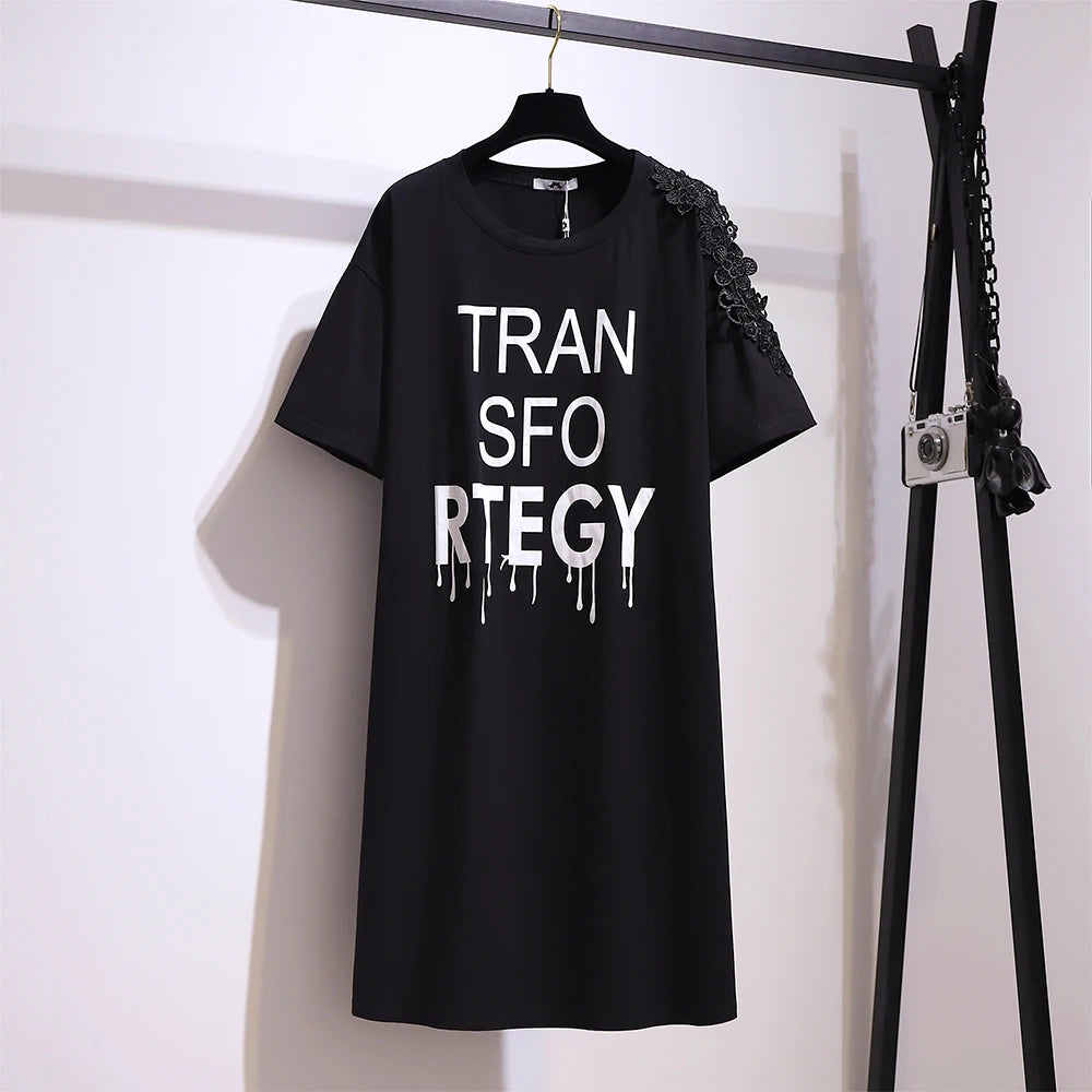 Vestido curto de algodão preto feminino, plus size, impressão de caracteres, camiseta viajante, saia, decalque decoração, verão, desconto