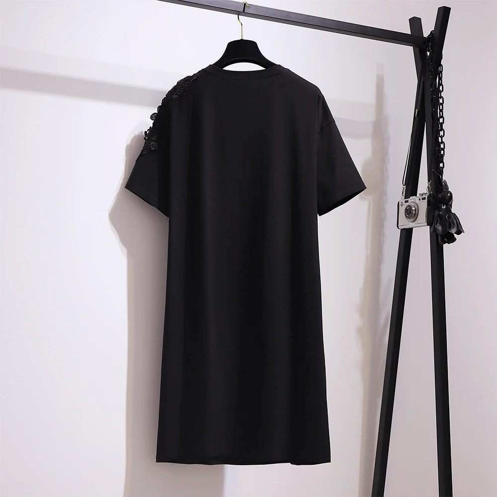 Vestido curto de algodão preto feminino, plus size, impressão de caracteres, camiseta viajante, saia, decalque decoração, verão, desconto