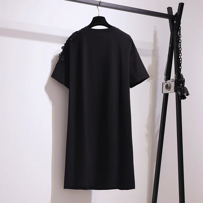 Vestido curto de algodão preto feminino, plus size, impressão de caracteres, camiseta viajante, saia, decalque decoração, verão, desconto