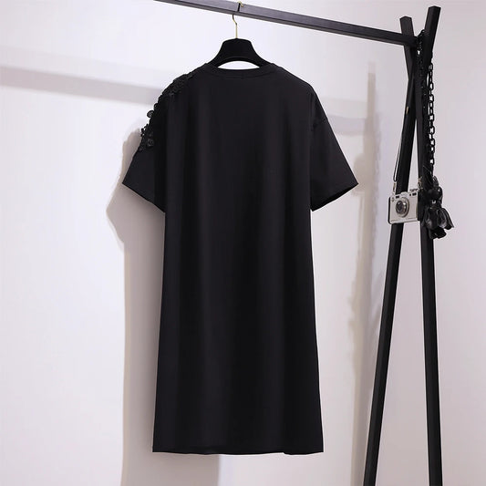 Vestido curto de algodão preto feminino, plus size, impressão de caracteres, camiseta viajante, saia, decalque decoração, verão, desconto