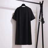Vestido curto de algodão preto feminino, plus size, impressão de caracteres, camiseta viajante, saia, decalque decoração, verão, desconto