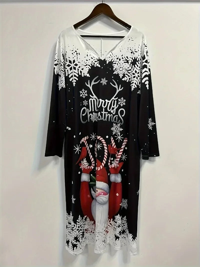 Vestido de Papá Noel para mujer, talla grande, estampado de Papá Noel y eslogan, manga larga, cuello en T con muescas, talla grande, 1XL-5XL 