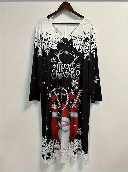 Vestido de Papai Noel tamanho grande feminino, estampa de Claus e Slogan, manga longa, T pescoço entalhado, plus size, 1XL-5XL