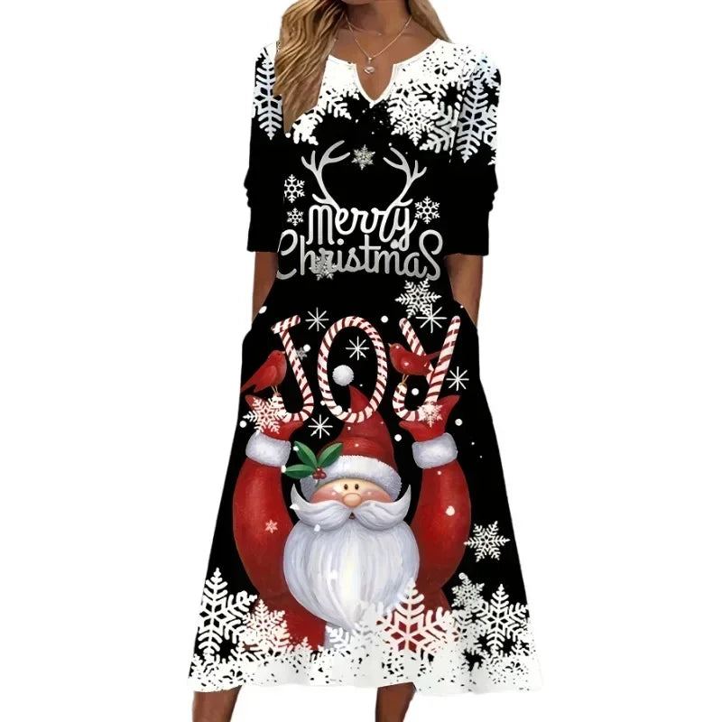 Vestido de Papá Noel para mujer, talla grande, estampado de Papá Noel y eslogan, manga larga, cuello en T con muescas, talla grande, 1XL-5XL 