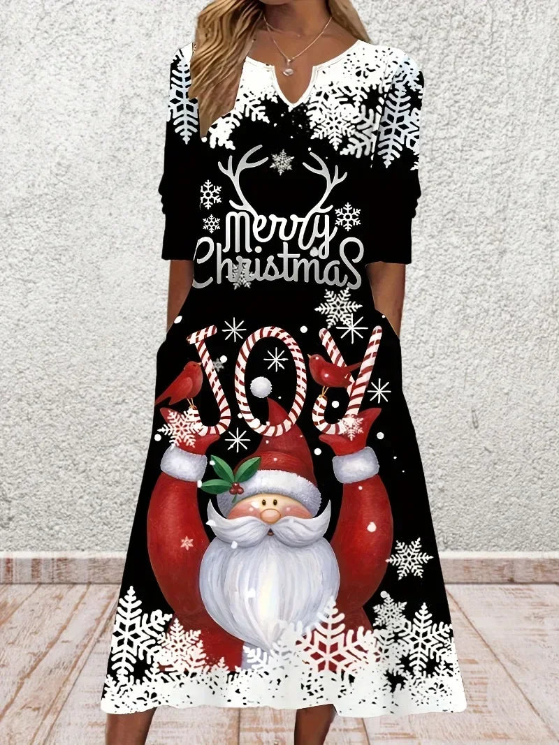 Vestido de Papá Noel para mujer, talla grande, estampado de Papá Noel y eslogan, manga larga, cuello en T con muescas, talla grande, 1XL-5XL 
