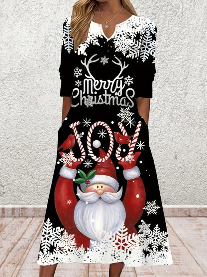 Vestido de Papai Noel tamanho grande feminino, estampa de Claus e Slogan, manga longa, T pescoço entalhado, plus size, 1XL-5XL