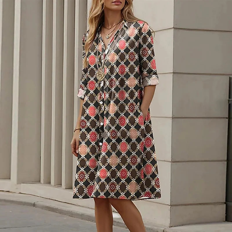 Vestido de camisa vintage estampado feminino, vestidos soltos casuais, vestidos Midi retos, elegante vestido de festa na praia, tamanho grande, 2024