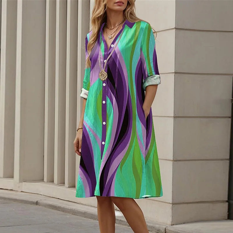 Vestido de camisa vintage estampado feminino, vestidos soltos casuais, vestidos Midi retos, elegante vestido de festa na praia, tamanho grande, 2024