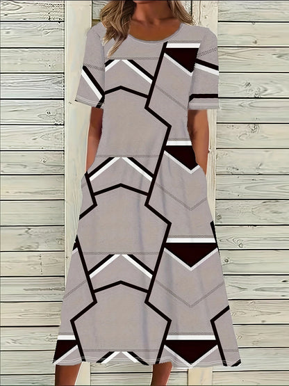 Vestido informal de manga corta para mujer, talla grande, con estampado de leopardo, cuello redondo y bolsillos 