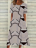 Women's Short Sleeve Dress Plus Size Casual Leopard Round Neck Dress with Pockets 