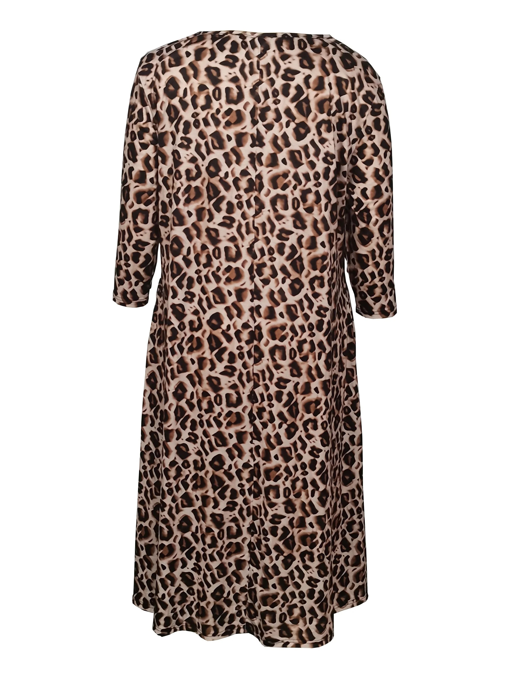 Women's Short Sleeve Dress Plus Size Casual Leopard Round Neck Dress with Pockets 