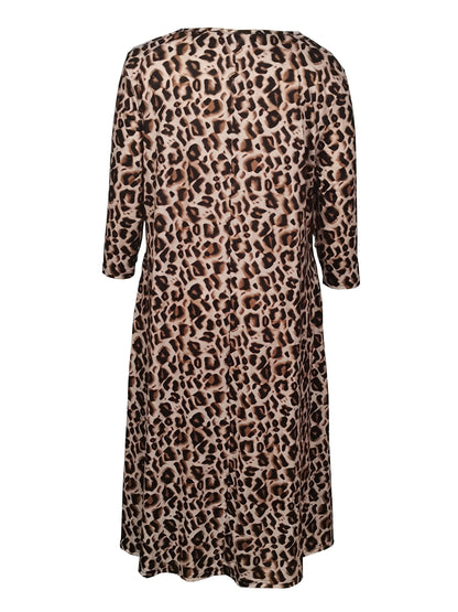 Vestido informal de manga corta para mujer, talla grande, con estampado de leopardo, cuello redondo y bolsillos 