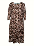 Women's Short Sleeve Dress Plus Size Casual Leopard Round Neck Dress with Pockets 