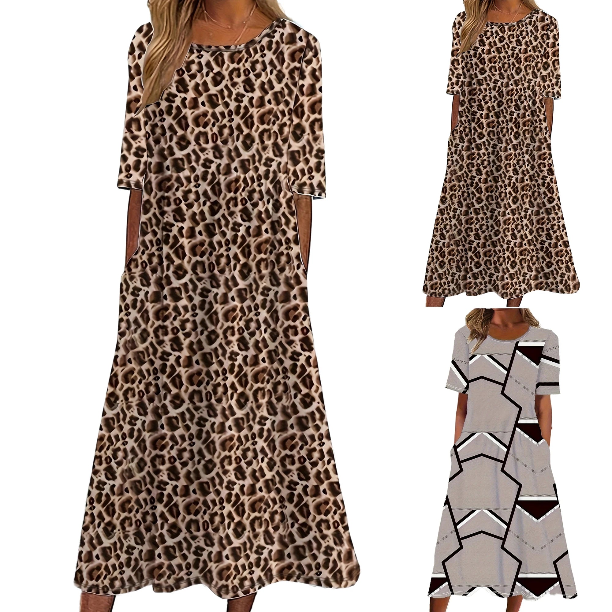 Women's Short Sleeve Dress Plus Size Casual Leopard Round Neck Dress with Pockets 